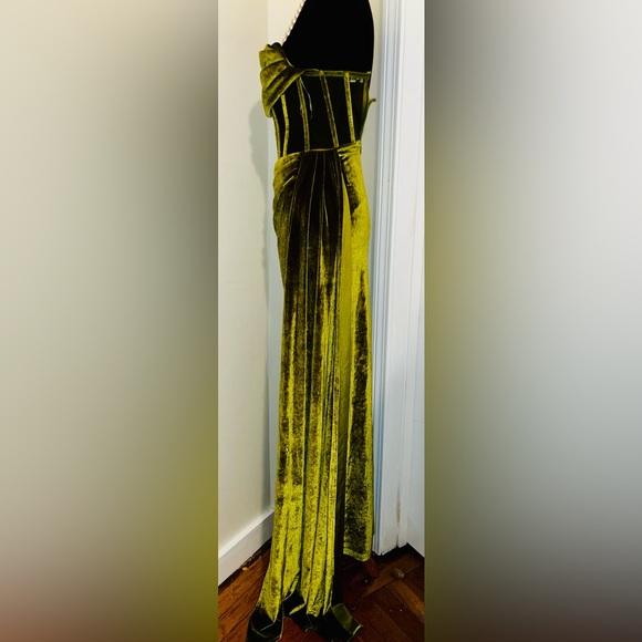 Fashion Nova  Velvet Olive Green Strapless Gown - Picture 7 of 11